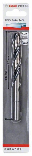 'Bosch HSS PointTeQ drill bit, 10.5 mm diameter, 133 mm total length, high precision, packaged in plastic sleeve.'
