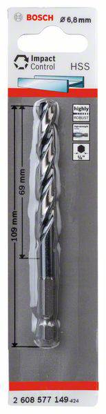 Bosch drill bit, suitable for 6.8 mm diameter, 109 mm length, HSS, with Impact Control for high-stress applications. Packaged.