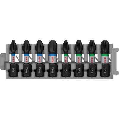 Eight Bosch screwdriver bits in a plastic holder. They are marked with sizes PH1, PH2, PH3, PZ1, PZ2, PZ2, PZ3.