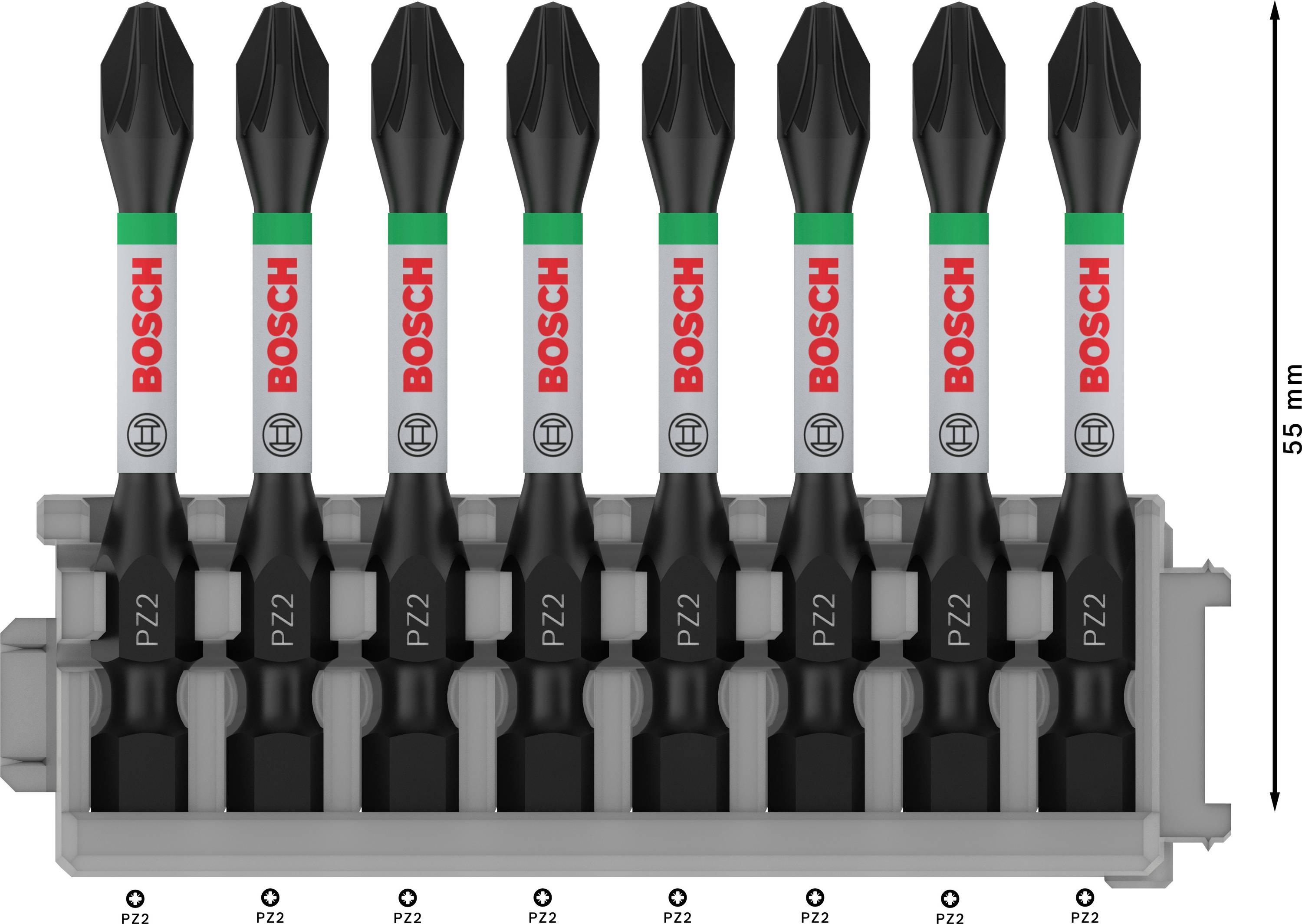 A set of seven Bosch screwdriver bits, type PZ2, in a gray holder, suitable for precise screwing.