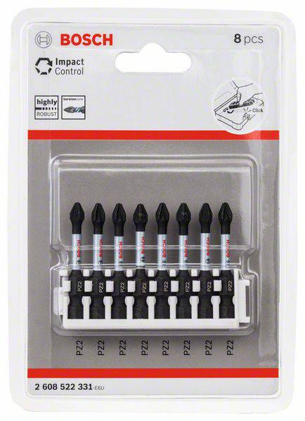Bosch Screwdriver Bit Set, 8-piece, Impact Control, PZ2, in blister packaging. Suitable for robust use with cordless drills.