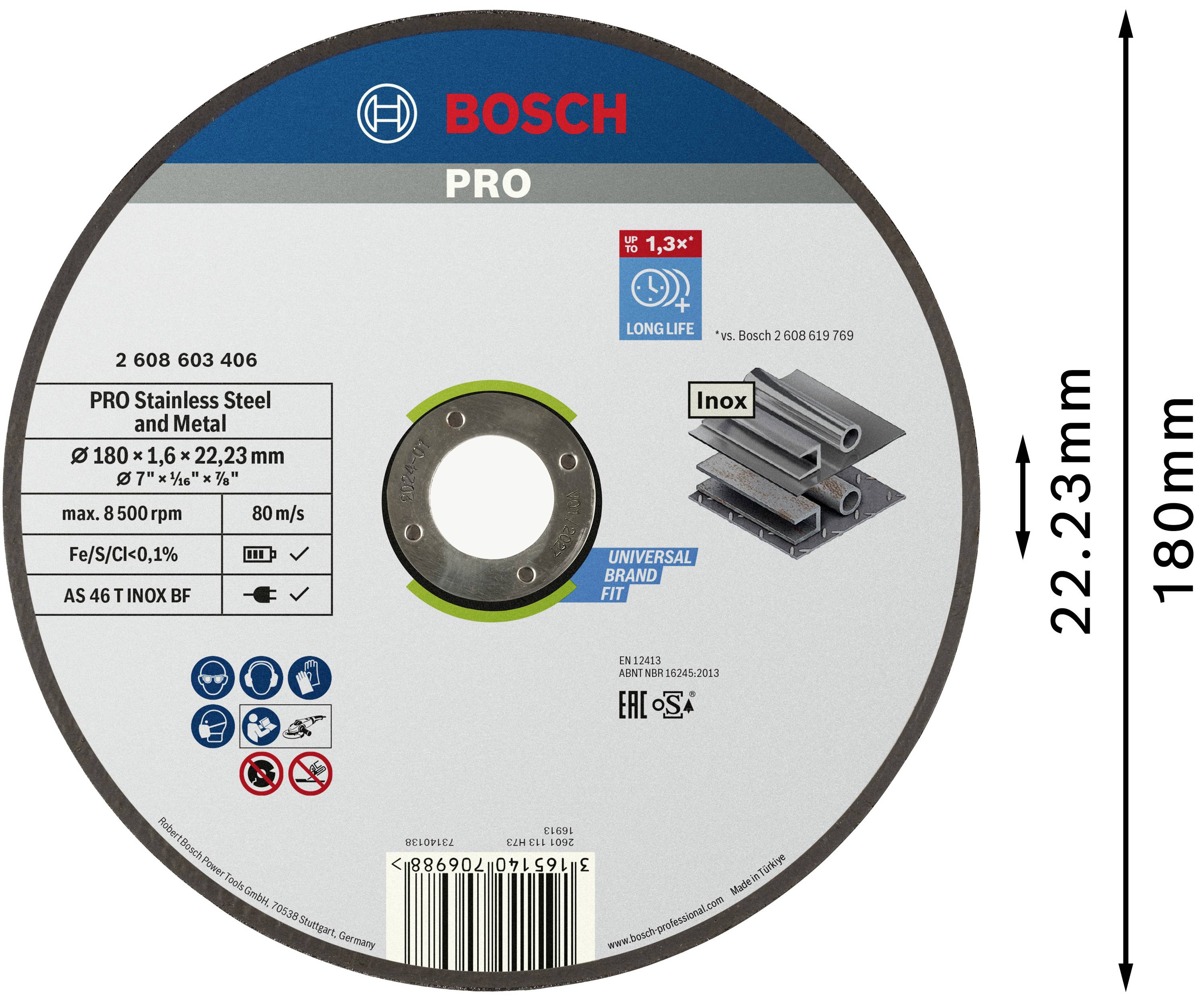 Bosch grinding disc for stainless steel and metal, diameter 180 mm, thickness 1.6 mm, shows image of pipes and product features.