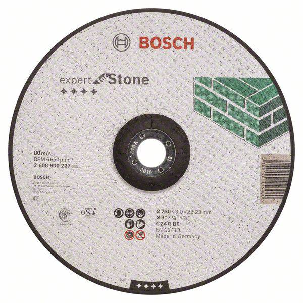 Bosch grinding disc for stone processing, 'Expert for Stone' model, diameter 230 mm, maximum speed 6,650 rpm.