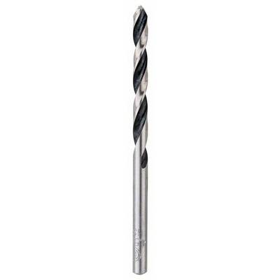 Metal drill bit with a spiral cutting edge, silver-coloured with black detail, suitable for precise drilling in hard materials.