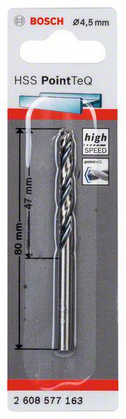 Packaging for a Bosch HSS PointTeQ drill bit, diameter 4.5 mm, length 80 mm. Inscription: 'high speed', suitable for metal.