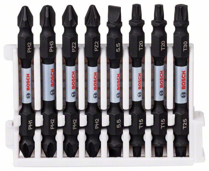 'Eight black Bosch screwdriver bits in a white holder, sorted by size and type, from PH1 to T30.'