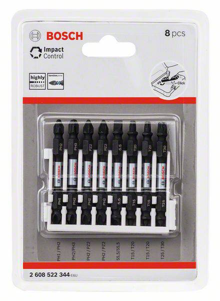 'Bosch 8-Piece Impact Control Screwdriver Bit Set', with robust bits in various sizes, suitable for professional applications.