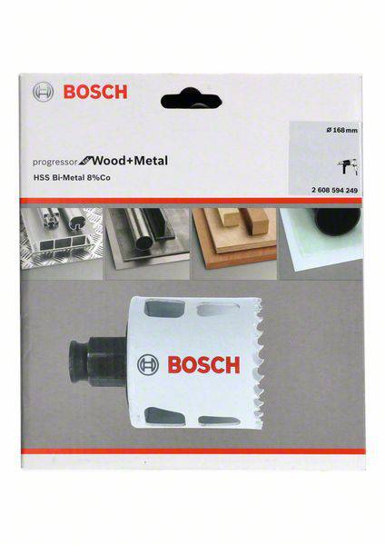 Bosch Drill Packaging. Contains hole saw for wood and metal, 8% cobalt. Multiple application images above.
