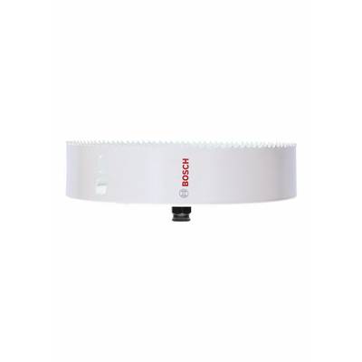 Metal saw blade in cylindrical form, white with red 'BOSCH' logo, suitable for precision cuts in metal surfaces.