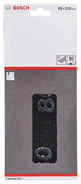 Bosch sanding mesh sheets, 93 x 230 mm, 80 grit, five pieces per pack. Packaging in grey and white.