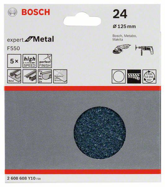 'Bosch Grinding Disc', 125 mm, Grit 24, for Metal, compatible with various drill machines. Packaging displays metal suitability and speed symbols.