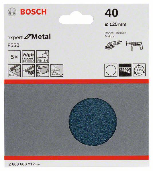 Grinding Disc Packaging: 'Bosch', 125 mm, for Metal, Grit 40, suitable for Bosch, Metabo, Makita. Contains angle grinder symbol.