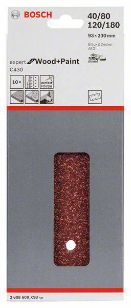 Bosch Sandpaper Packaging, suitable for wood and paint. Dimensions 93x230 mm, Grits 40/80, 120/180. Contains 10 sheets.