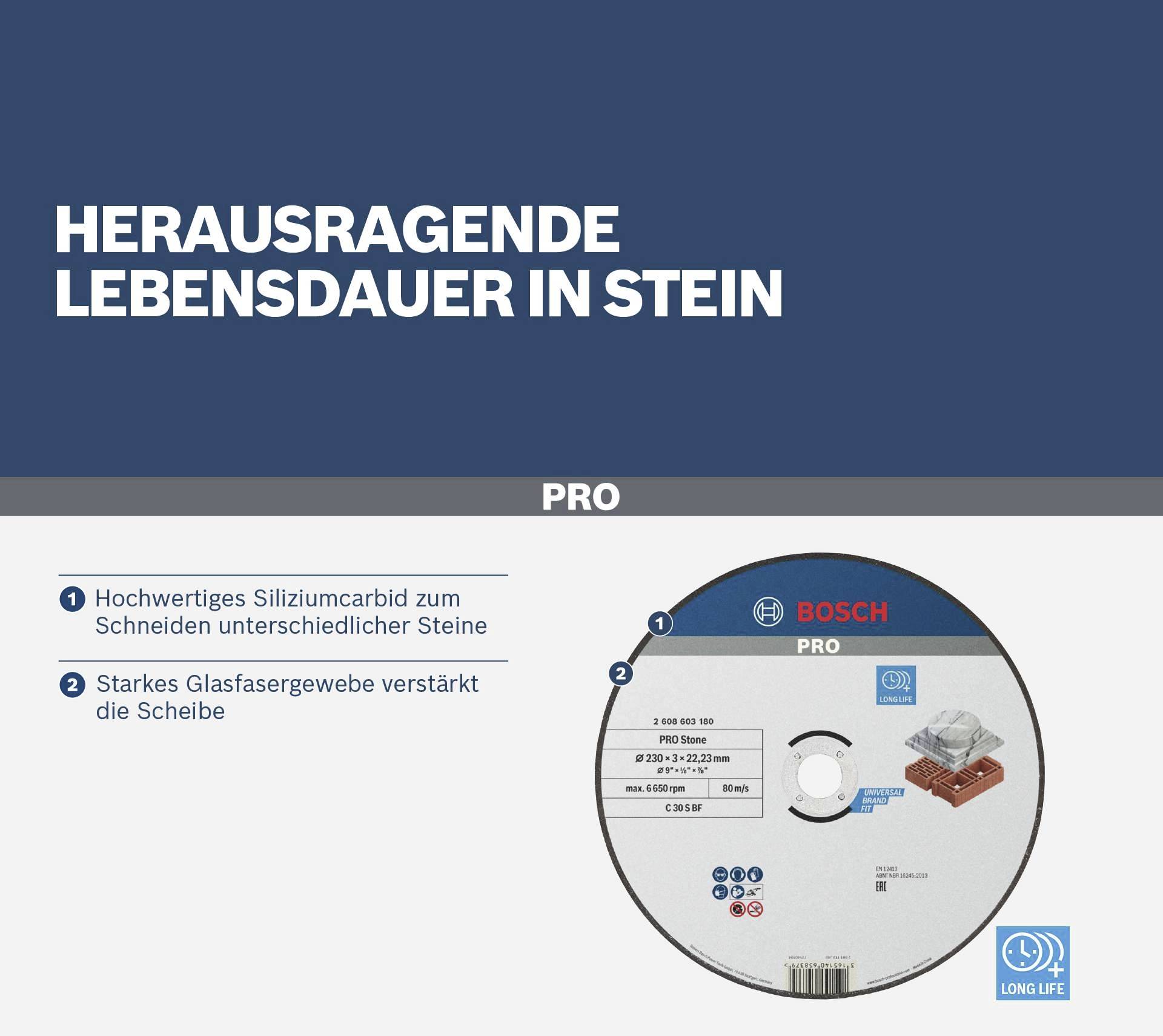 A grinding disc with the inscription 'Outstanding Durability in Stone'. Properties: Silicon carbide, reinforced with fibreglass.