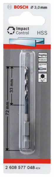 'Bosch' Metal Drill Bit, 3.0 mm Diameter, Impact Control, HSS, with a Total Length of 72 mm and 33 mm Working Length, in Packaging.