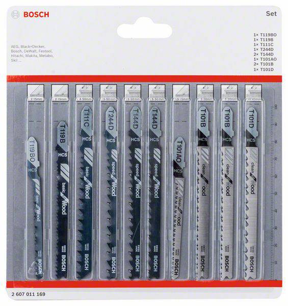 Bosch Jigsaw Blade Set, 10 Pieces, Various Types for Wood and Metal, in Packaging with Product Information.