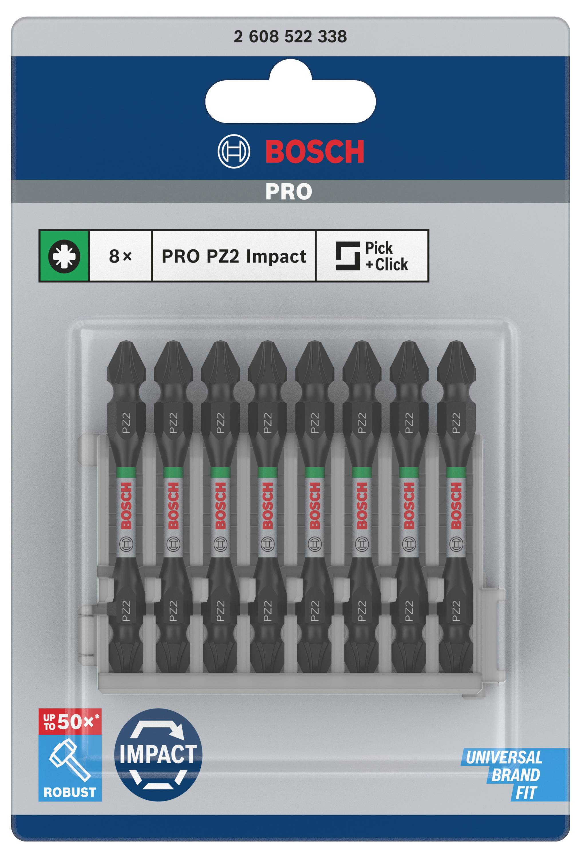 Eight black Bosch screwdriver bits with red and green 'PRO PZ2 Impact' logo in transparent plastic case.