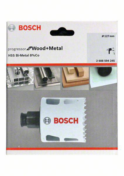 'Bosch' hole saw for wood and metal, diameter 127 mm, packaging shows sawing device and application examples on wood and metal.