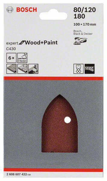Packaging for a Bosch sandpaper set, suitable for wood and paint, grain sizes 80/120/180, 6 pieces, dimensions 100 x 170 mm. Includes symbols for compatible tools.