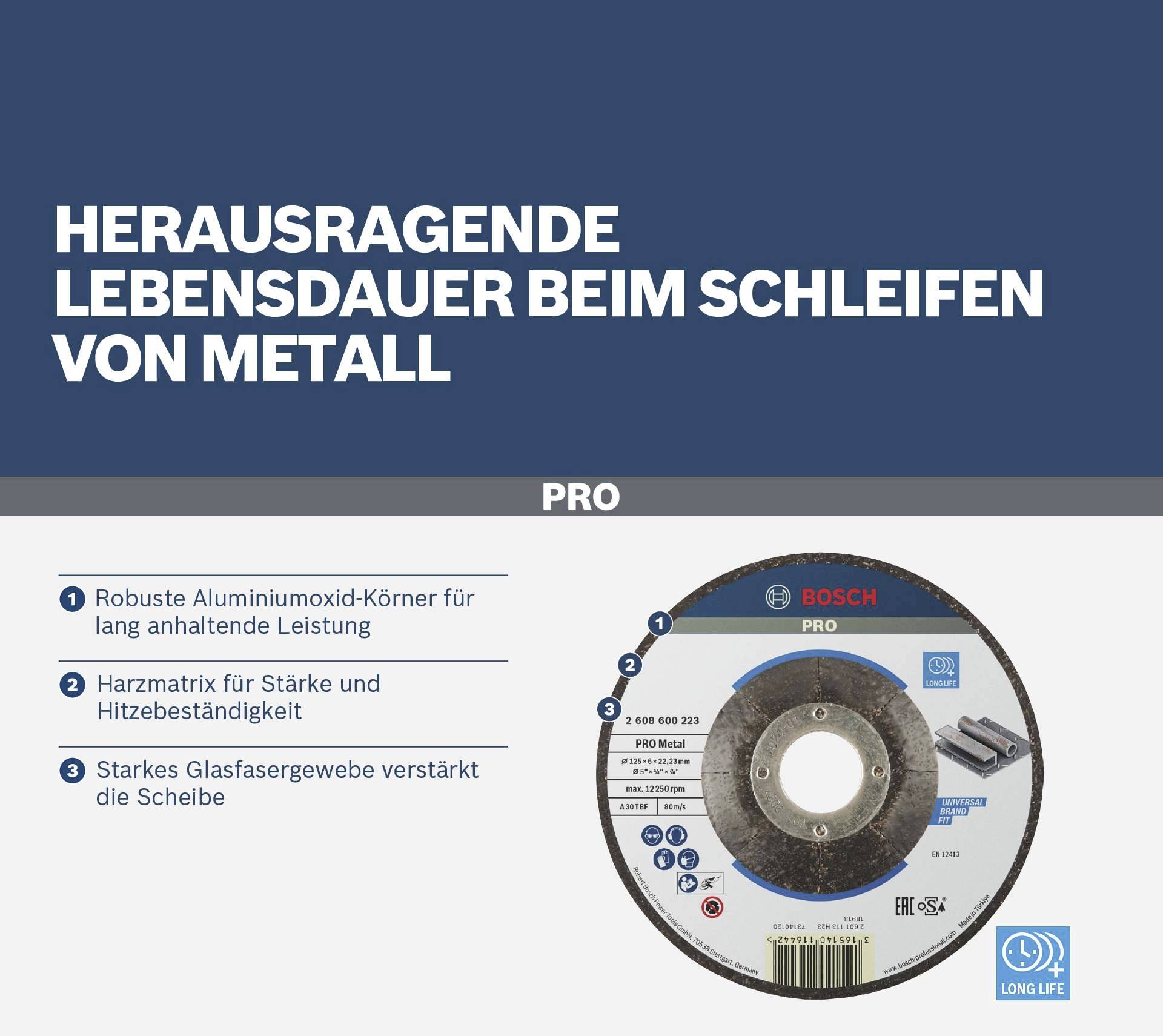 'Grinding disc for metal with robust aluminium oxide grain, resin matrix and fibreglass fabric for increased durability and strength.'