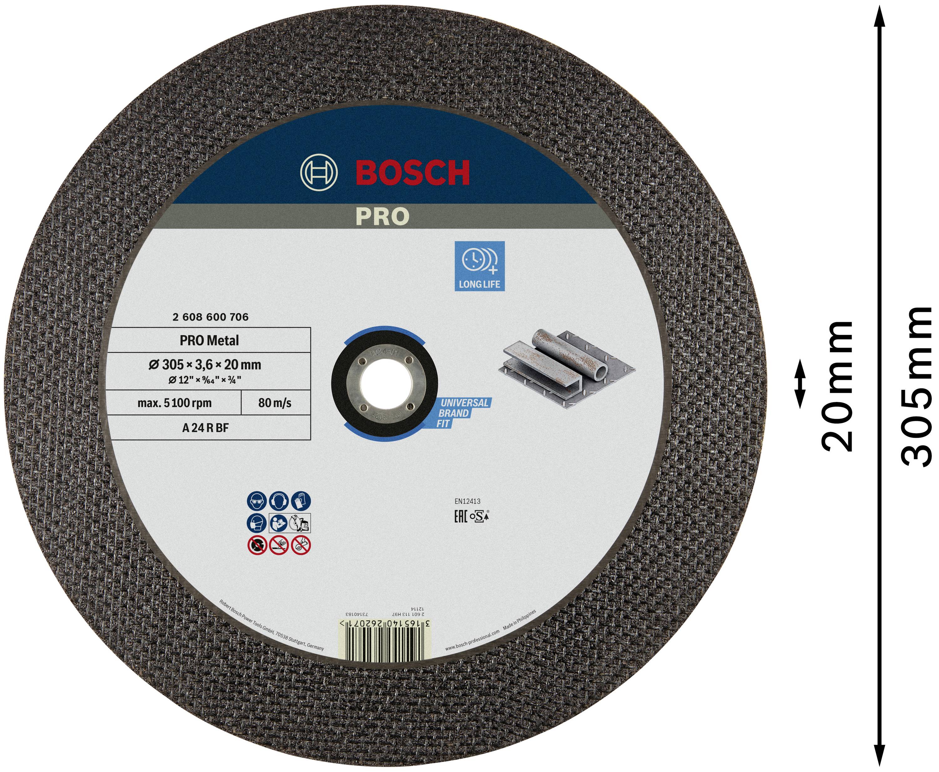 'Bosch PRO' grinding disc, diameter 305 mm, thickness 20 mm, for metalworking, maximum speed 5100 RPM.