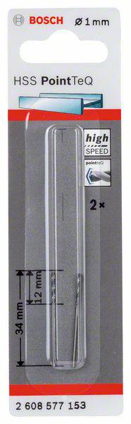 'Bosch HSS PointTeQ Drill Bit 1 mm, 2 Pieces, High Speed, 34 mm x 12 mm.'