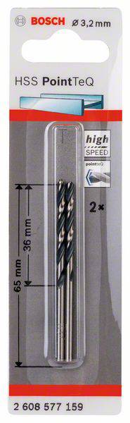 Packaging containing two Bosch HSS drill bits, Ø 3.2 mm. Length: 65 mm, working length: 36 mm. Suitable for metalworking, high speed.