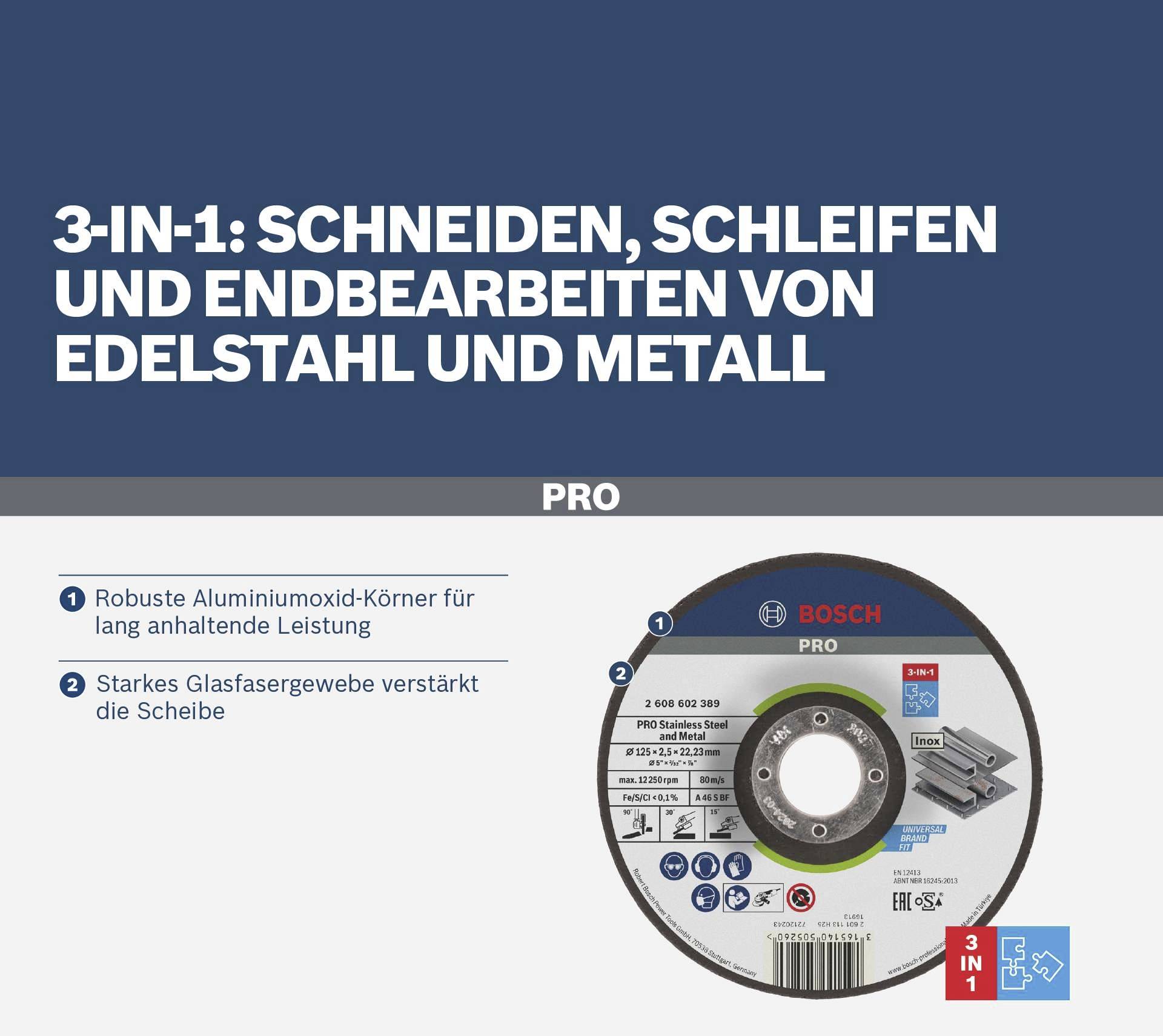 '3-in-1: Cutting, Grinding and Finishing Stainless Steel and Metal'. Image of a grinding wheel with product information.