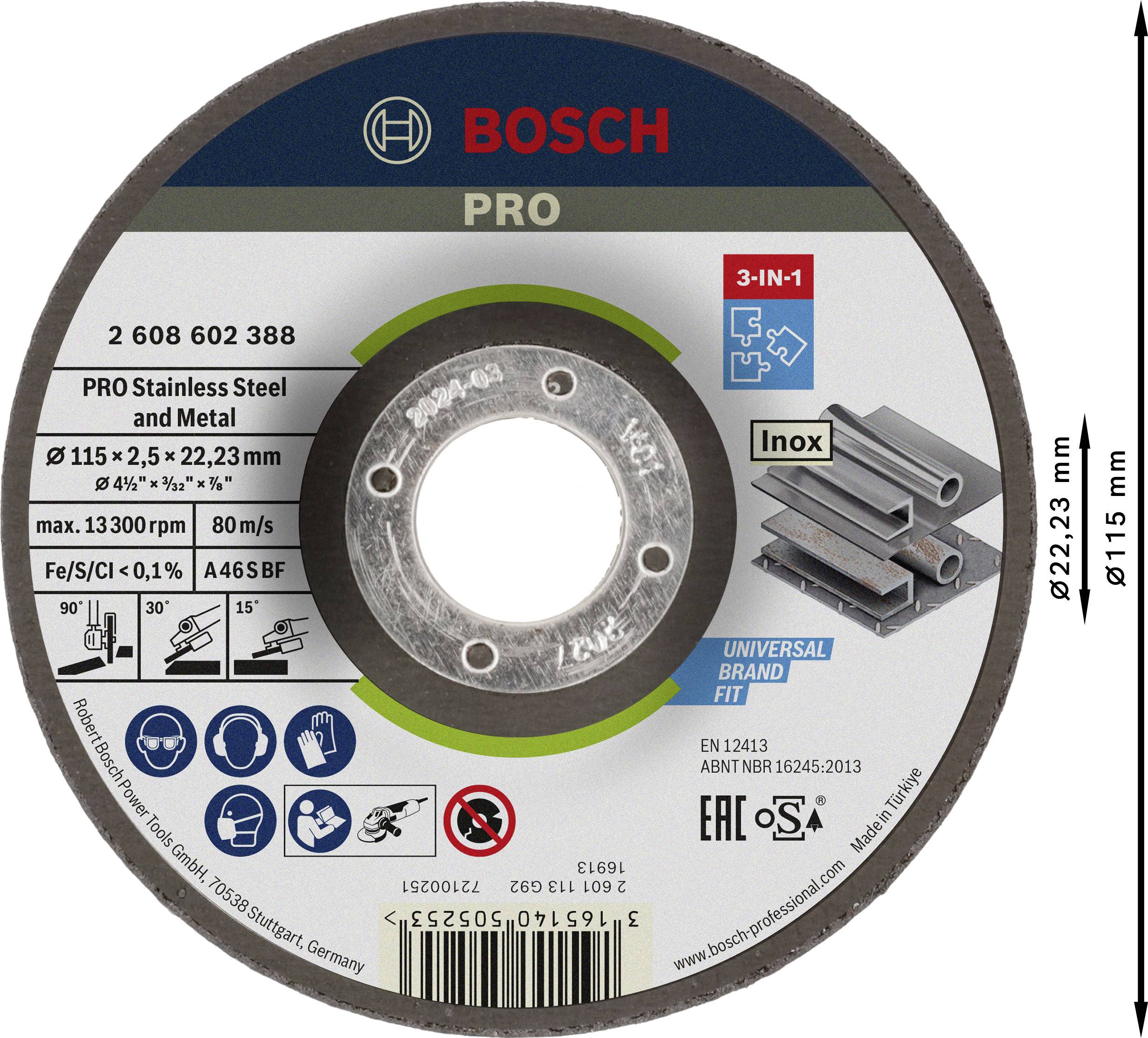 Bosch grinding disc for stainless steel and metal, 115 mm diameter, 3-in-1 function, including safety and application information.