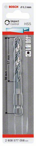 A Bosch metal drill bit with a 6.0 mm diameter and 98 mm length, suitable for Impact Control, shown in a product packaging.