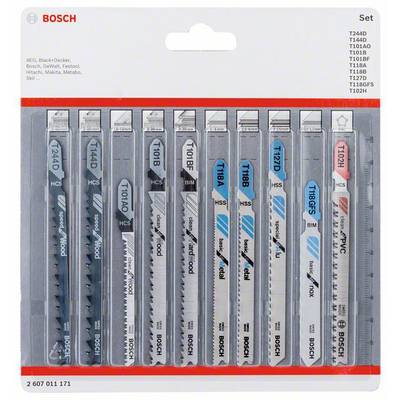 Set of eight Bosch jigsaw blades in original packaging. Each blade is marked for different cuts and materials.