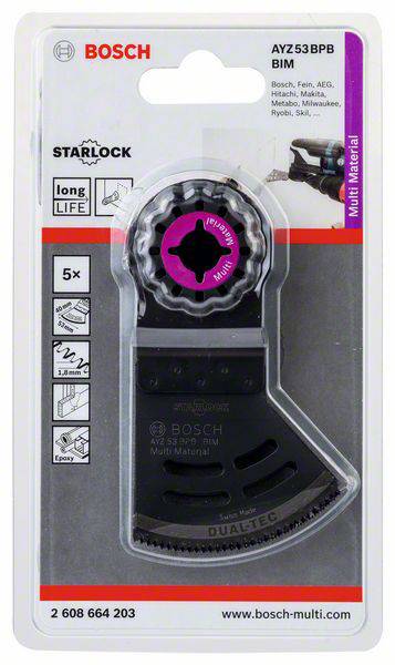 Packaging with a Bosch multi-functional tool attachment, compatible with Starlock. Includes application information and specifications.