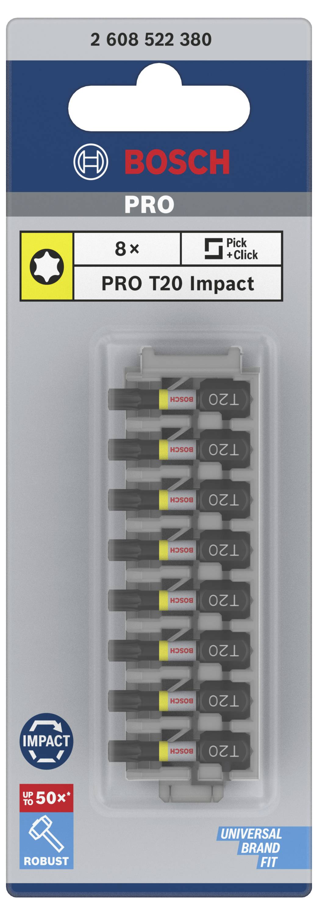 Package with 8 Bosch PRO T20 Impact screwdriver bits. Contains text 'Impact Control', 'Robust', and 'Universal Brand Fit'.