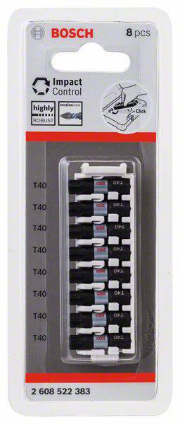 Packaging containing eight Bosch screwdriver bits T40. Inscription: 'Impact Control', 'highly robust'. Graphics show compatible tools.