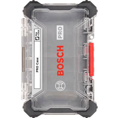 Closed transparent Bosch PRO Case with red handle and grey closure, for tool storage and organisation.