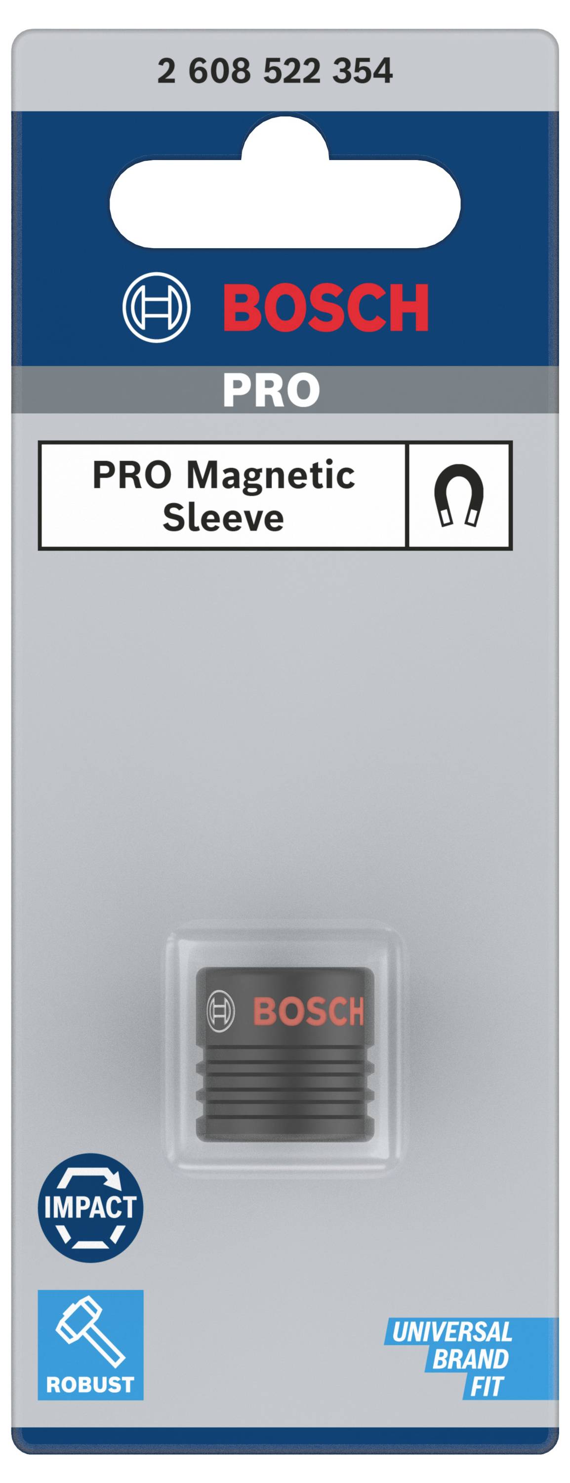 Magnetic sleeve on Bosch packaging, article number 2 608 522 354. 'PRO Magnetic Sleeve' and logos for impact resistance and universal fit.
