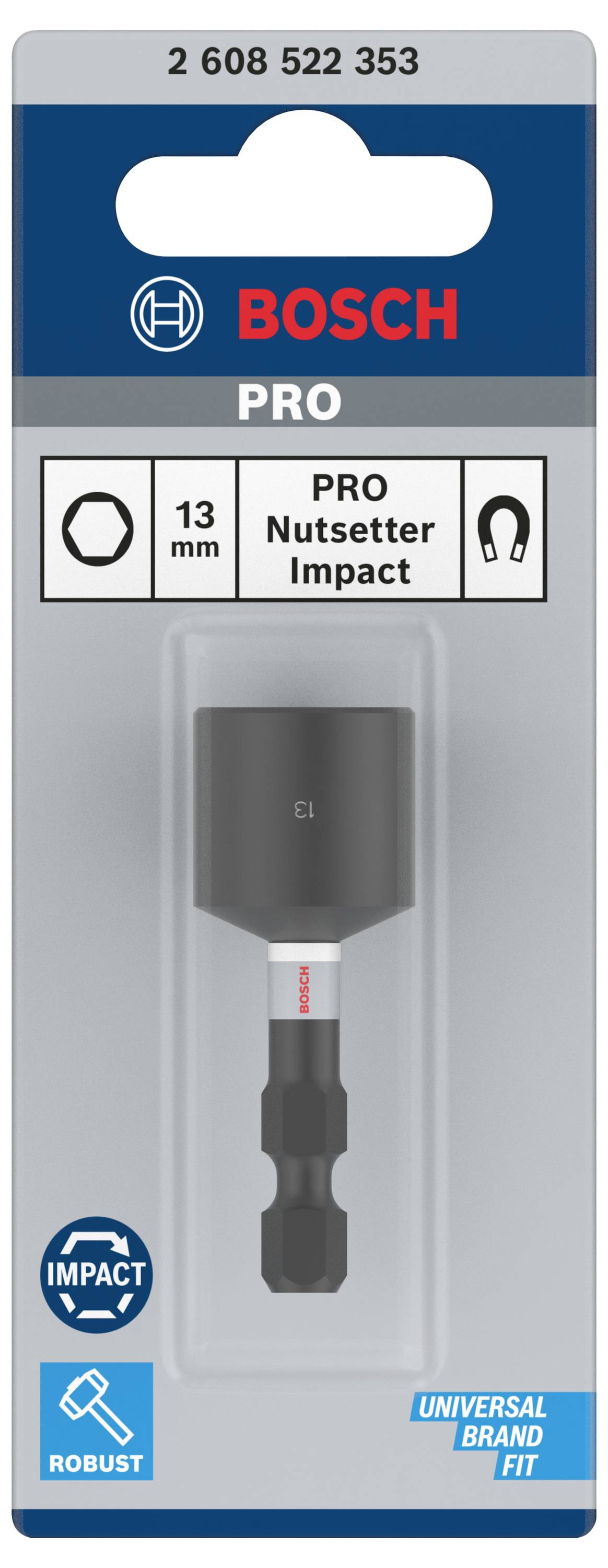 'Bosch PRO' socket, 13 mm, suitable for impact wrenches. Packaging highlights the robust tool, universally compatible.