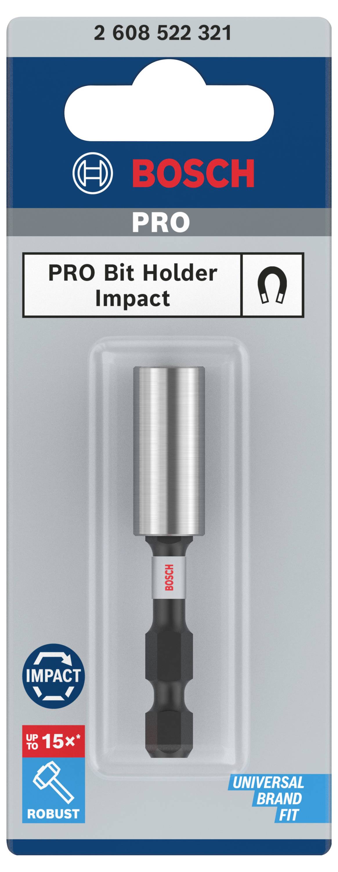 'Bosch Pro Bit Holder Impact' in plastic packaging, suitable for various brands, offers high durability and up to 15 times longer lifespan.