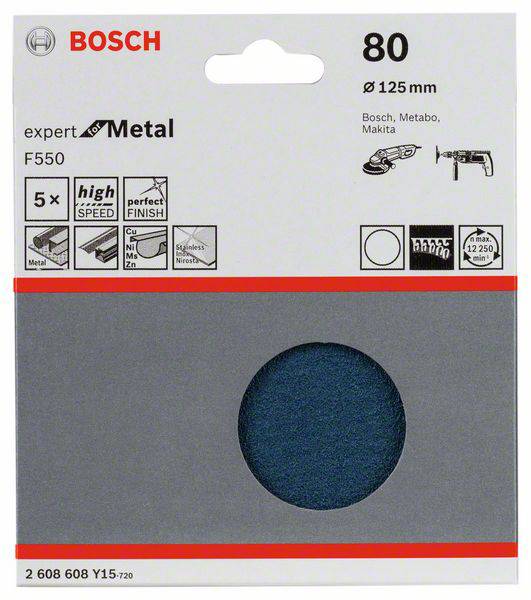 Packaging for a Bosch sanding disc for metal, 80 grit, 125 mm diameter, suitable for Bosch, Metabo and Makita tools.