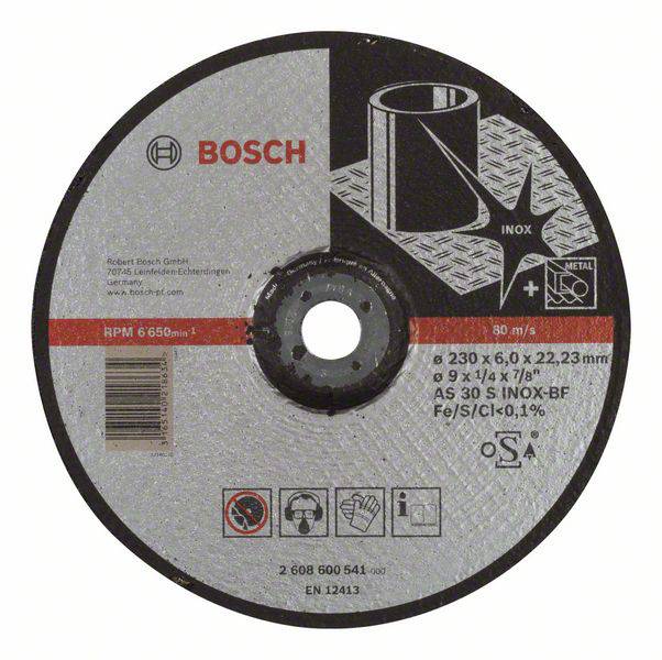 Bosch grinding disc, suitable for metal processing. Diameter: 230 mm, Thickness: 6.0 mm, Bore: 22.23 mm, max. rotational speed: 6,650 rpm.