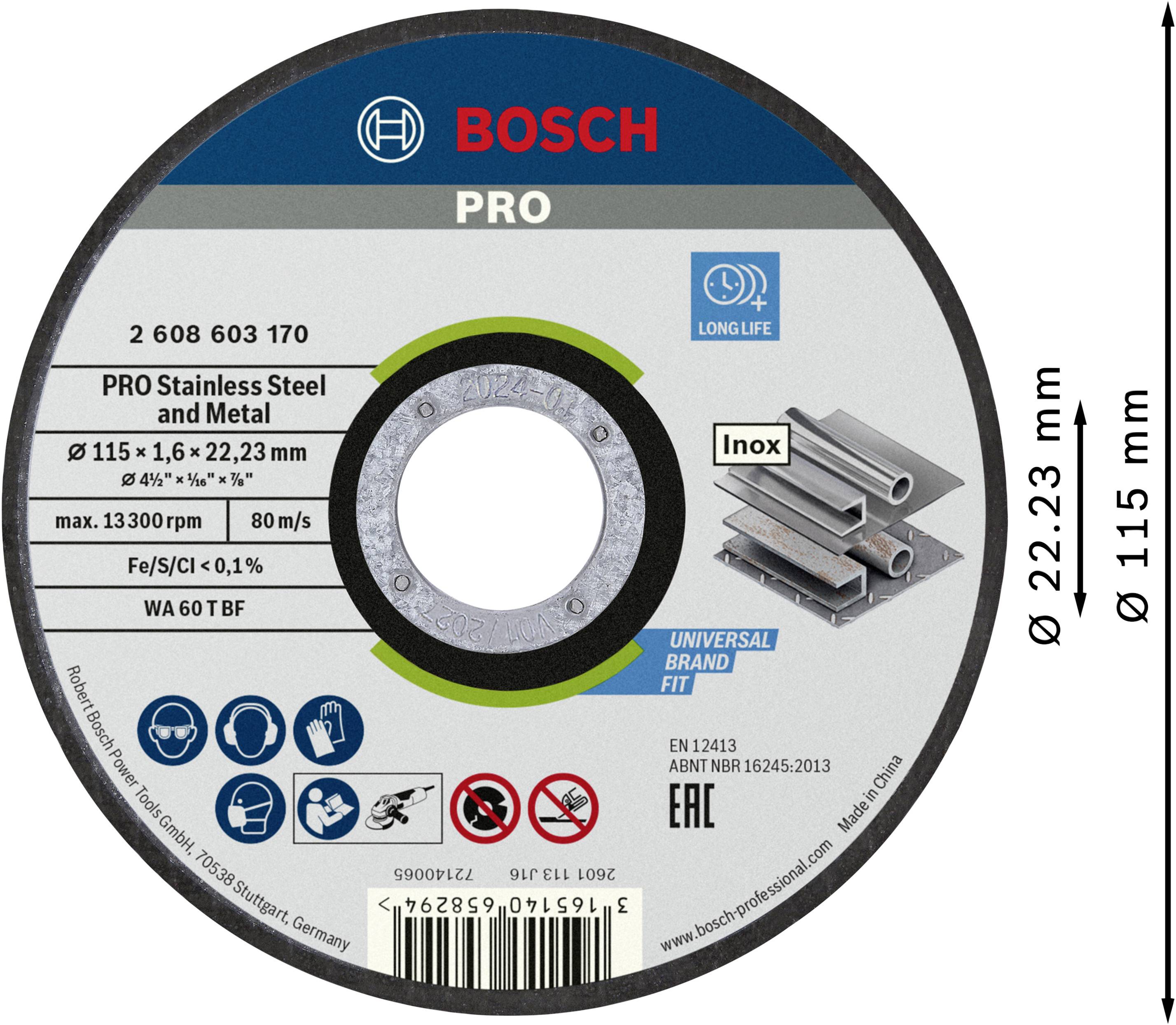Bosch Pro grinding disc for stainless steel and metal, 115 mm diameter, 1.6 mm thickness. Maximum speed: 13,300 RPM.