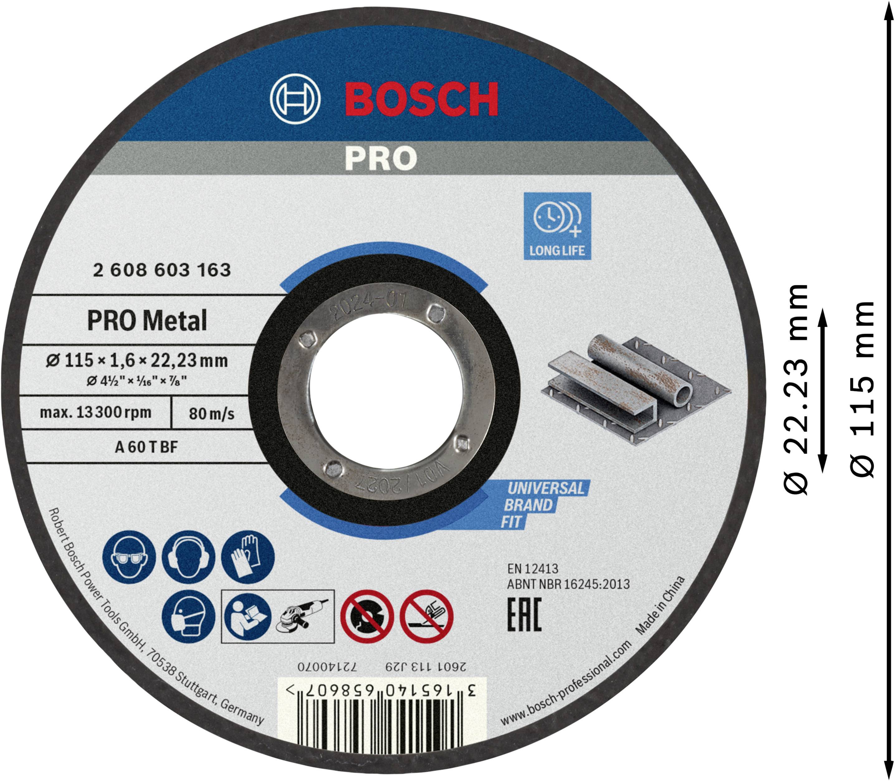 Bosch grinding disc with specifications: PRO Metal, Ø 115 x 1.6 x 22.23 mm, max. 13,300 rpm, suitable for universal angle grinders.
