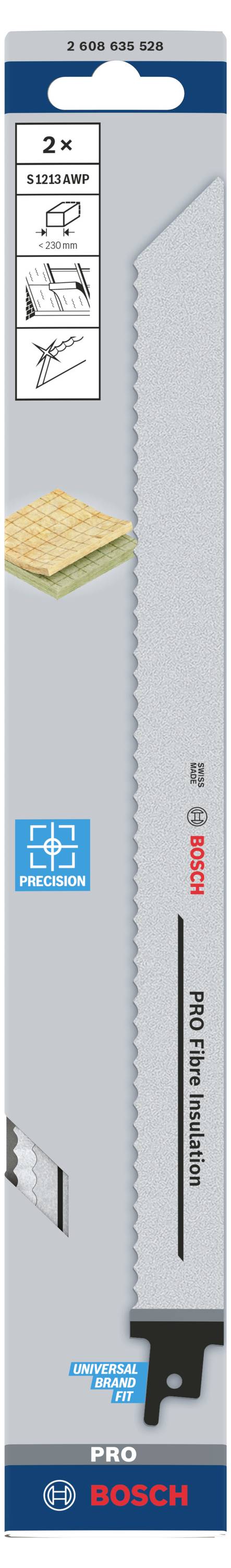 Packaging of a Bosch saw blade. Suitable for wood and insulation material processing. Contains two saw blades.