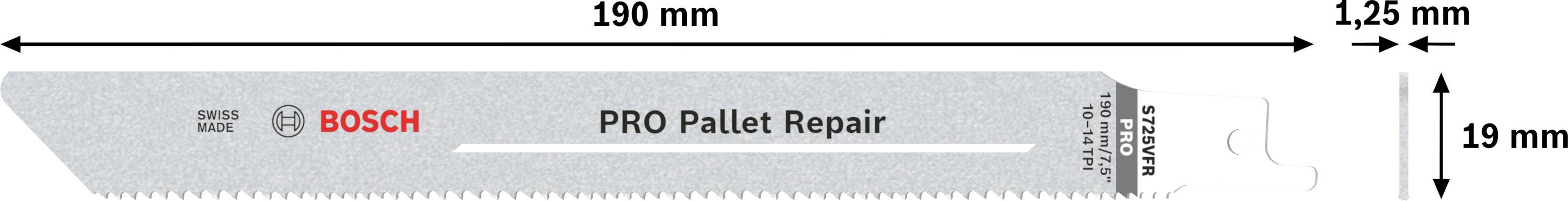 Reciprocating saw blade with the inscription 'PRO Pallet Repair', length 190 mm, width 19 mm, shank 125 mm. Brand name is visible.