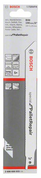 'Bosch saw blade, model S 725 VFR, specially designed for pallet repairs, BiM material, 190 mm length, suitable for nails and wood.'