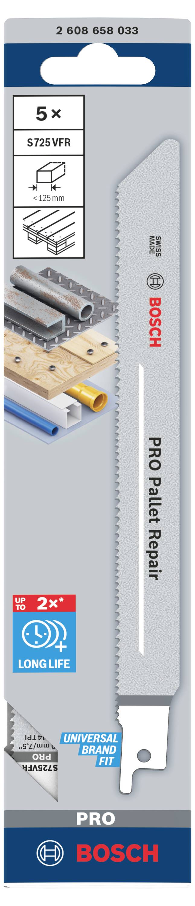Packaging for Bosch saw blades 'PRO Park Repair' for metals and plastics. Contains 5 pieces, suitable for long service life.