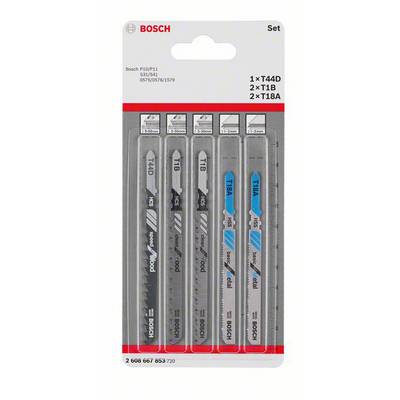 A set of Bosch jigsaw blades is shown in a plastic packaging. It contains two types of blades for woodworking and metalworking.