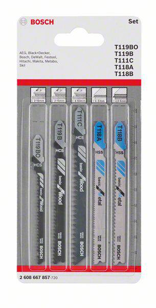 Bosch Accessories 2608667857 Jigsaw blade set Wood and Metal Basic, 5-part, single-cam shaft 5 pc(s)