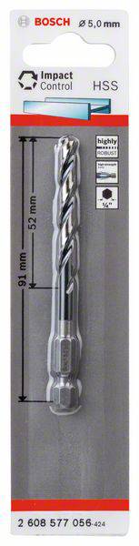 Bosch Accessories 2608577056 Metallbohrer PRO Impact 5,0mm HSS-G Länge 52/91mm 6kant Schaft 1/4" Metal twist drill bit 5-1