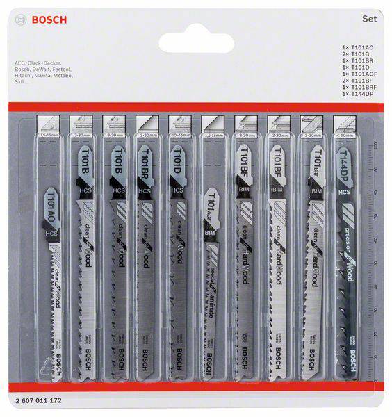 'Bosch Jigsaw Blade Set' with ten different saw blades in a pack, suitable for wood and metal.